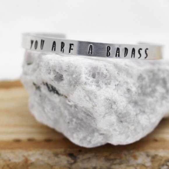 You Are A Badass - Hand Stamped Anodized Aluminum Bangle - Adjustable - Picture 3 of 11